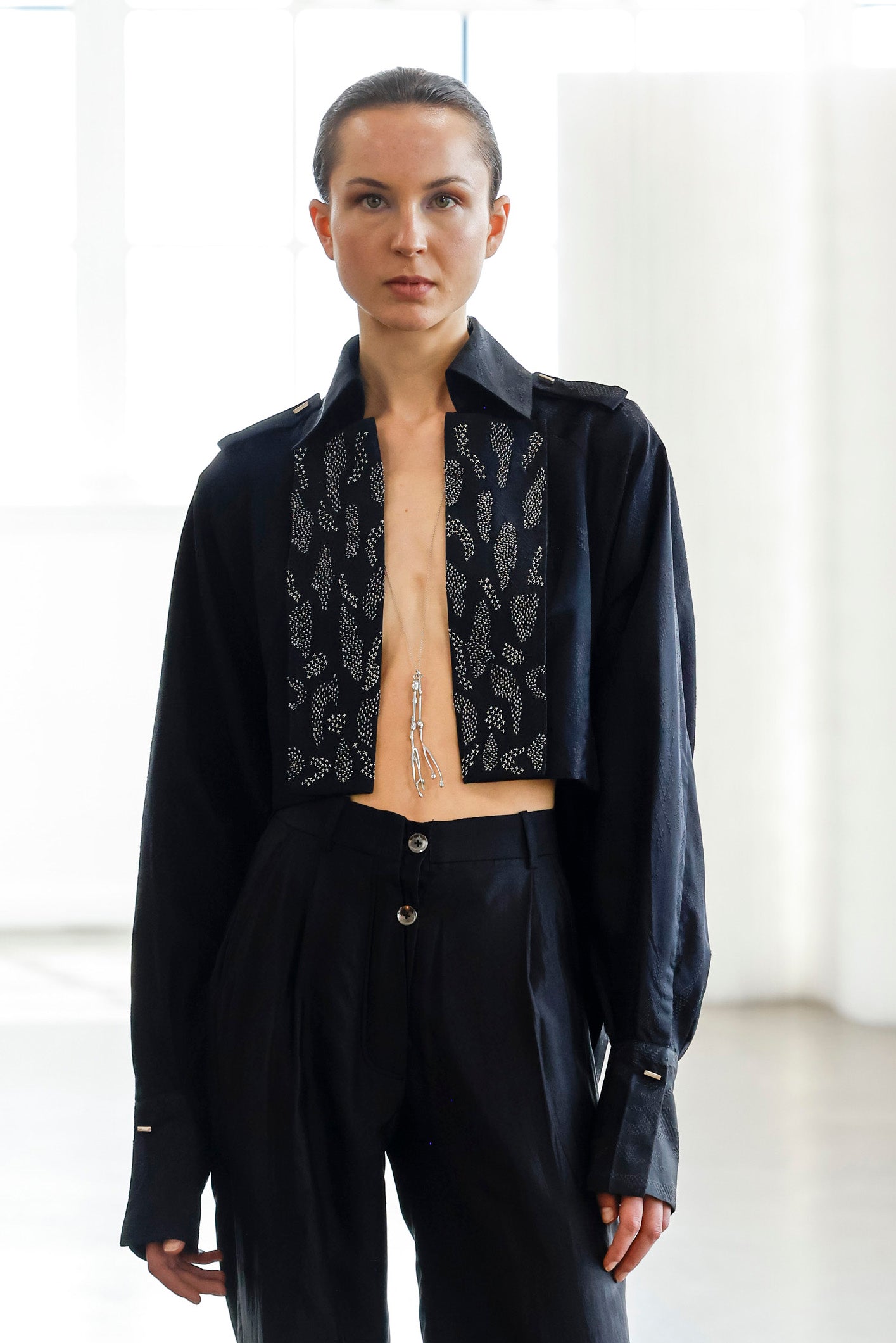 Black Iris Cropped Trench & Sleek Pants