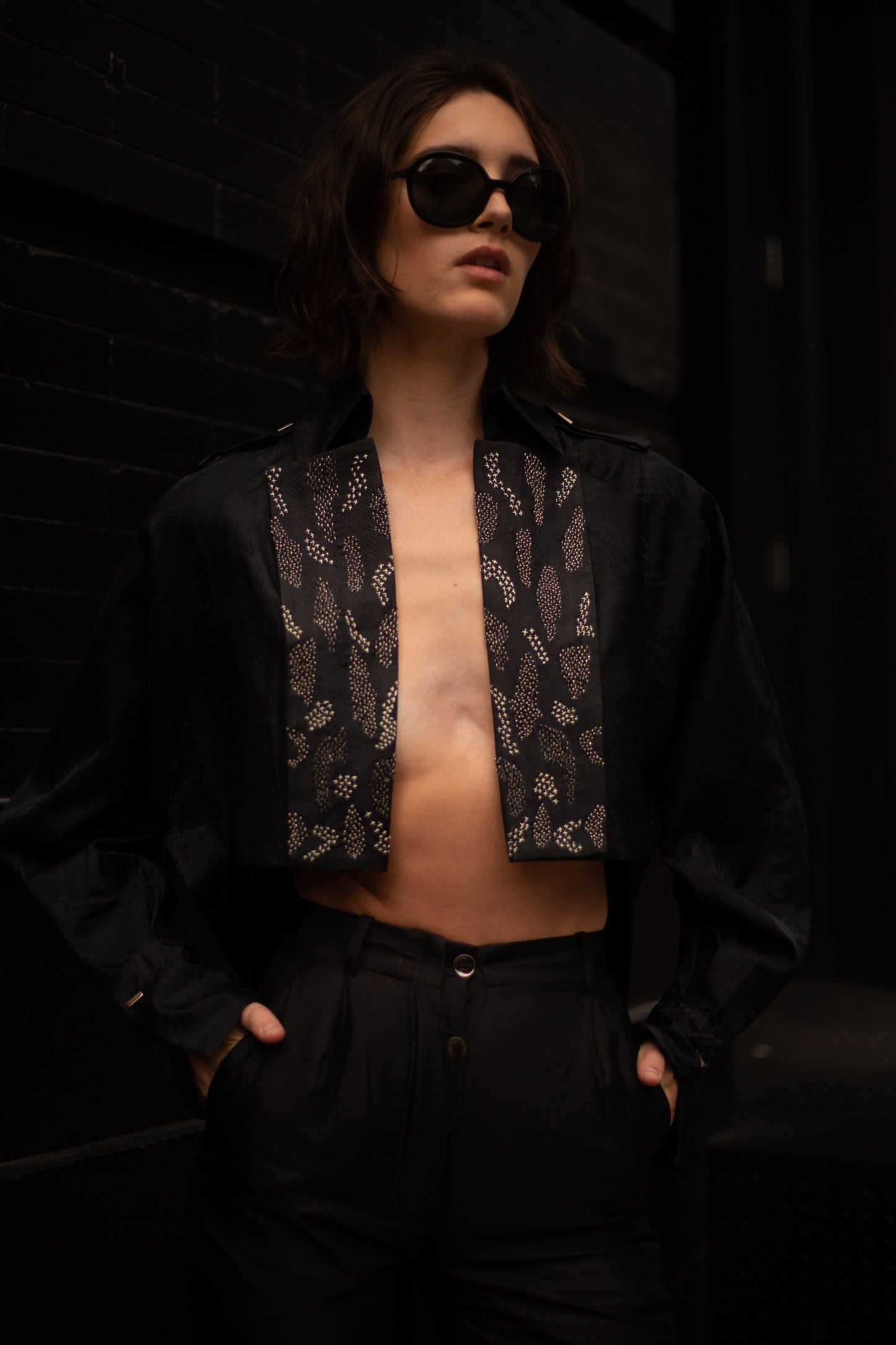 Black Iris Cropped Trench & Sleek Pants