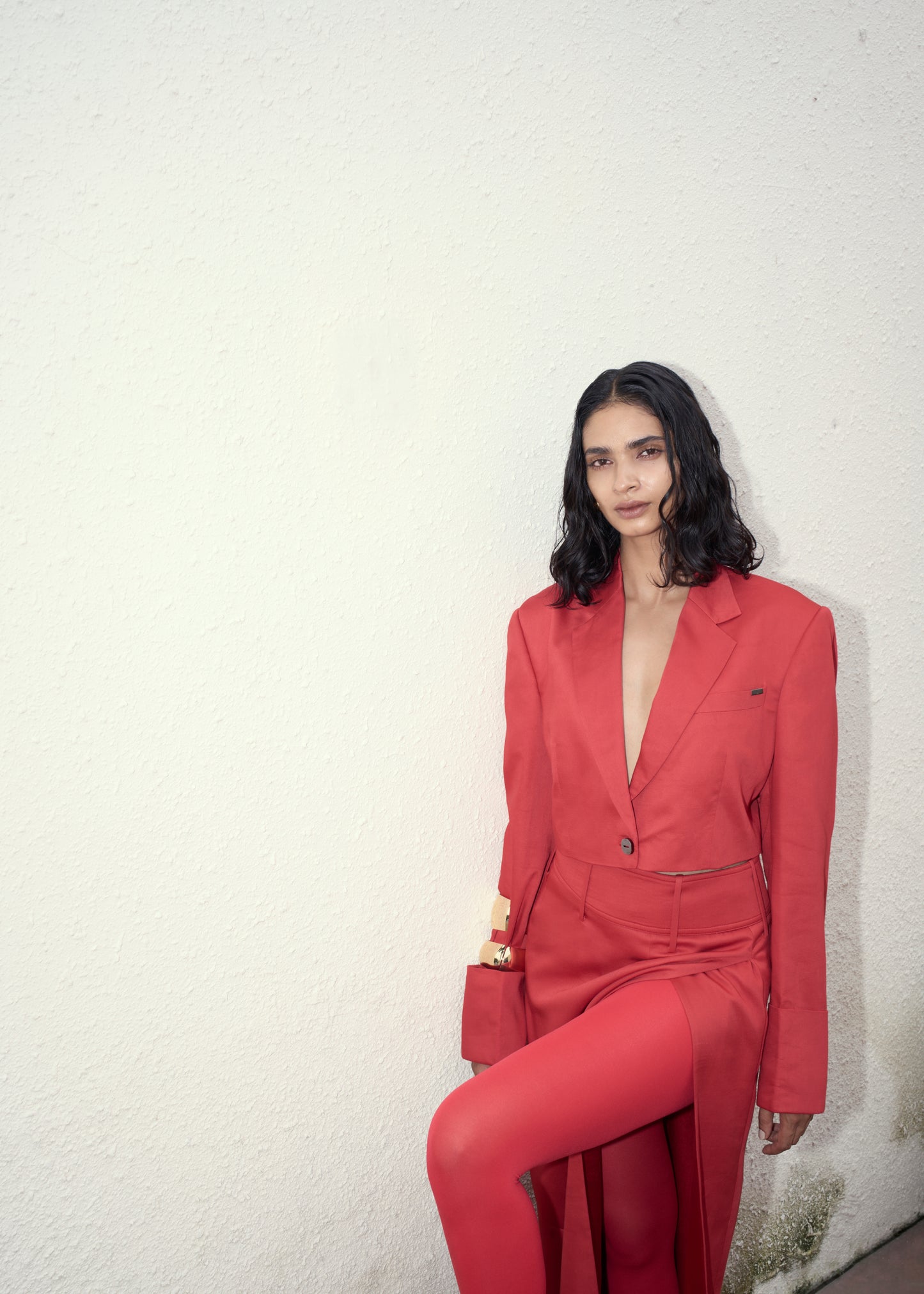 Poppy Red Cropped Blazer & Slit Skirt