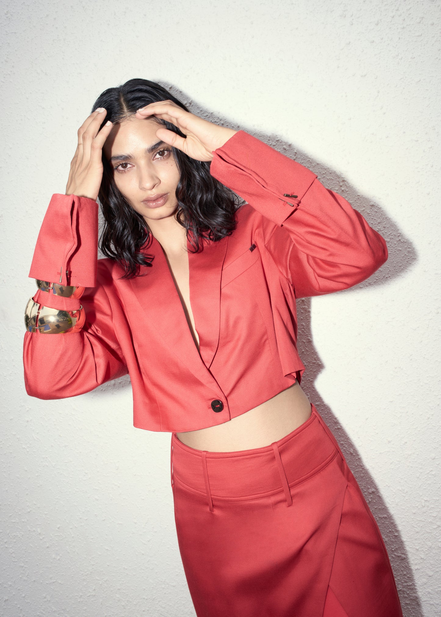 Poppy Red Cropped Blazer & Slit Skirt