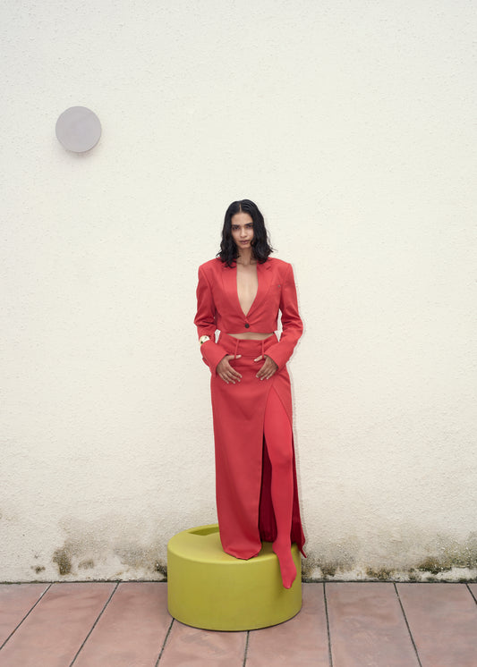 Poppy Red Cropped Blazer & Slit Skirt