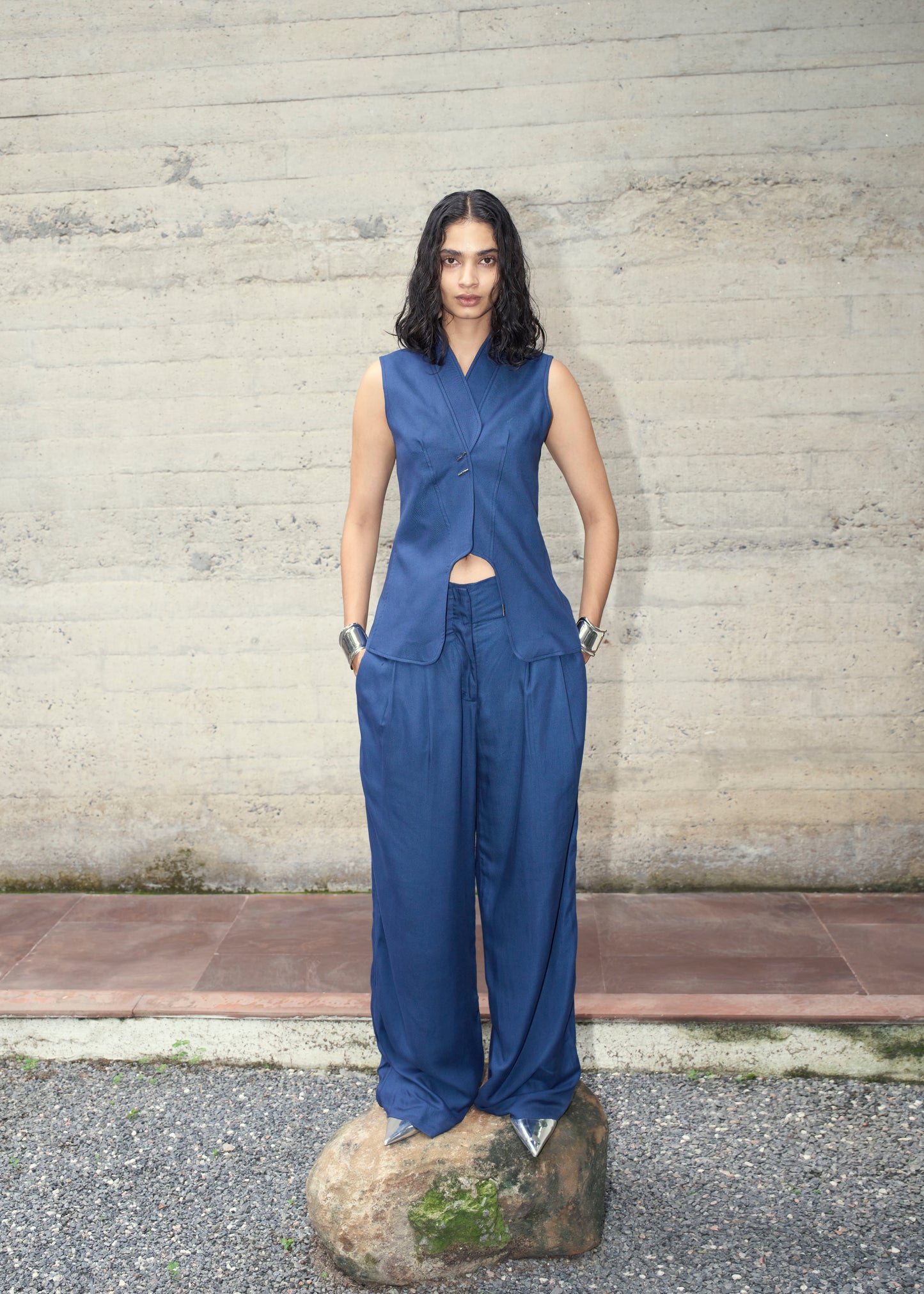 Navy Fitted Vest & Wide Leg Pants