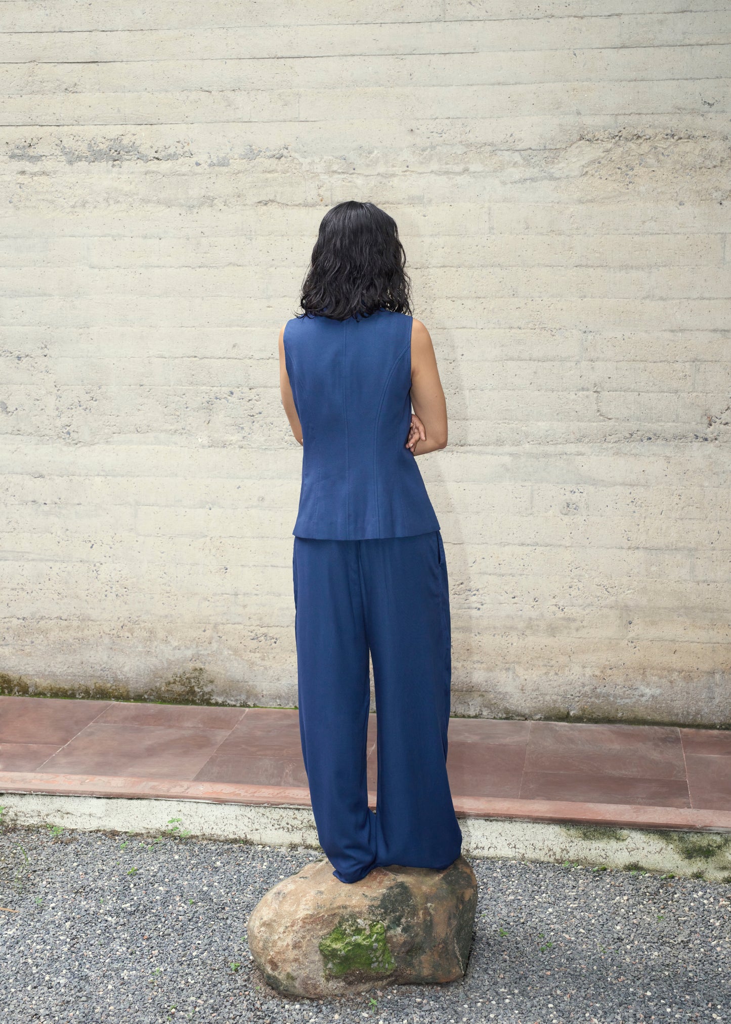 Navy Fitted Vest & Wide Leg Pants