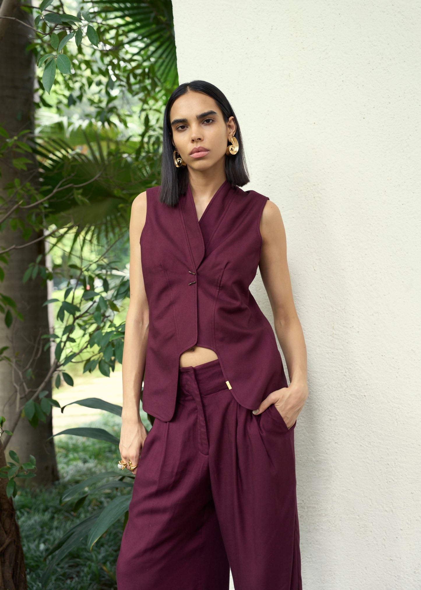 Plum Fitted Vest & Wide Leg Pants