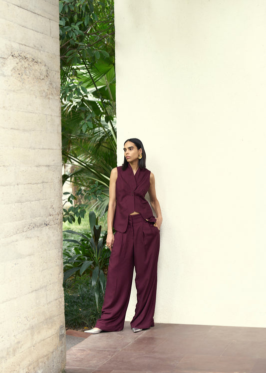 Plum Fitted Vest & Wide Leg Pants