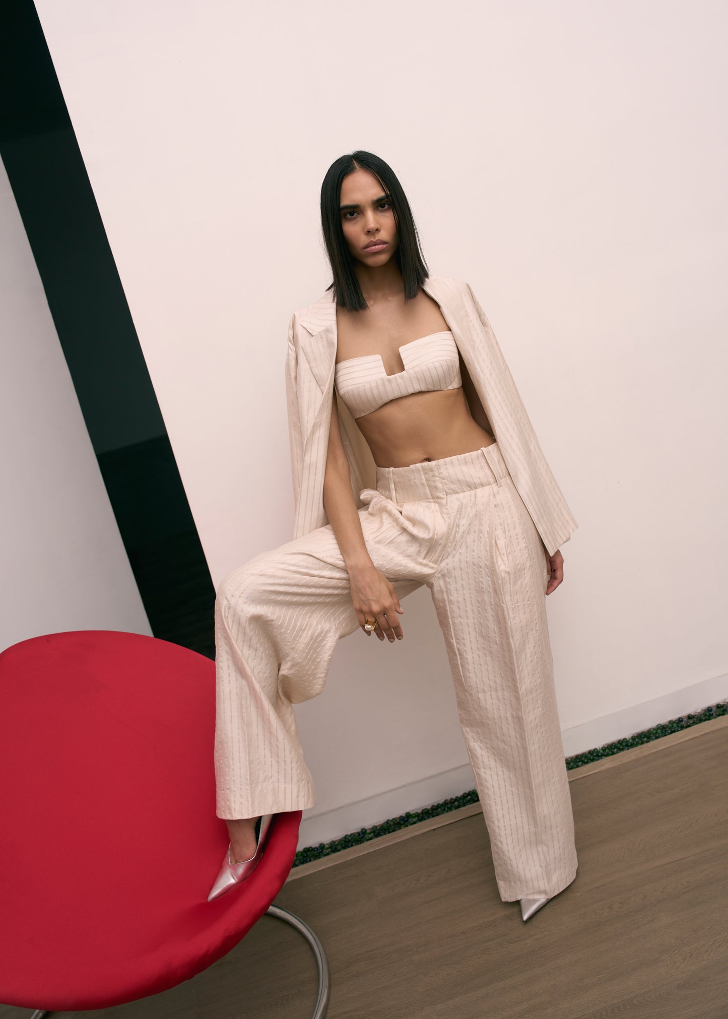 White Onyx Pinstripe Pantsuit