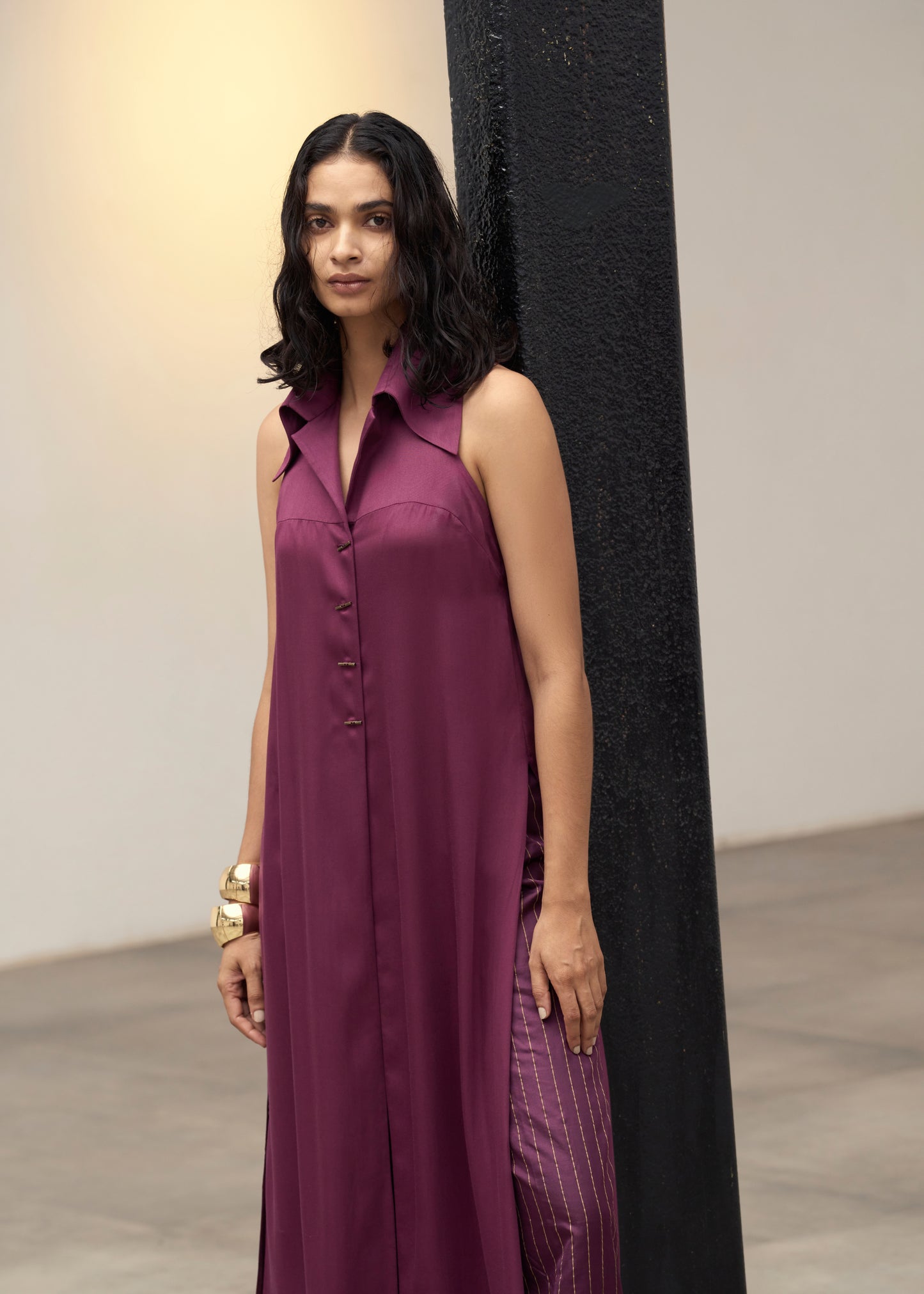 Plum Long Shirt & Pinstripe Pants