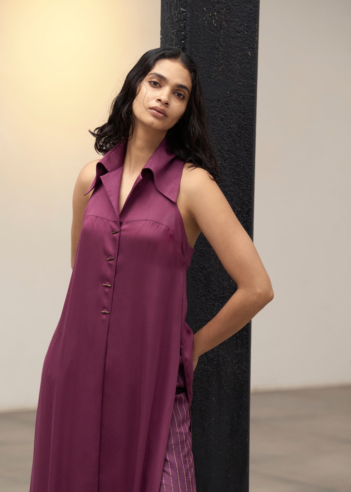 Plum Long Shirt & Pinstripe Pants