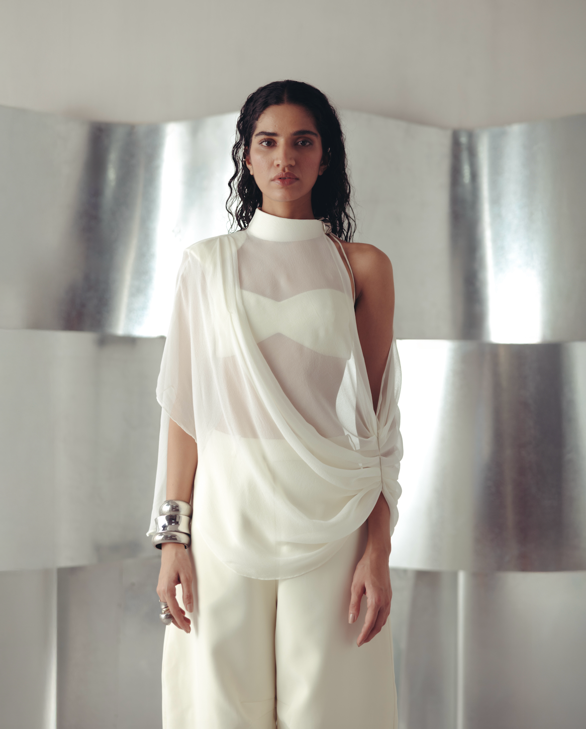 Antique White Asymmetric Georgette Top