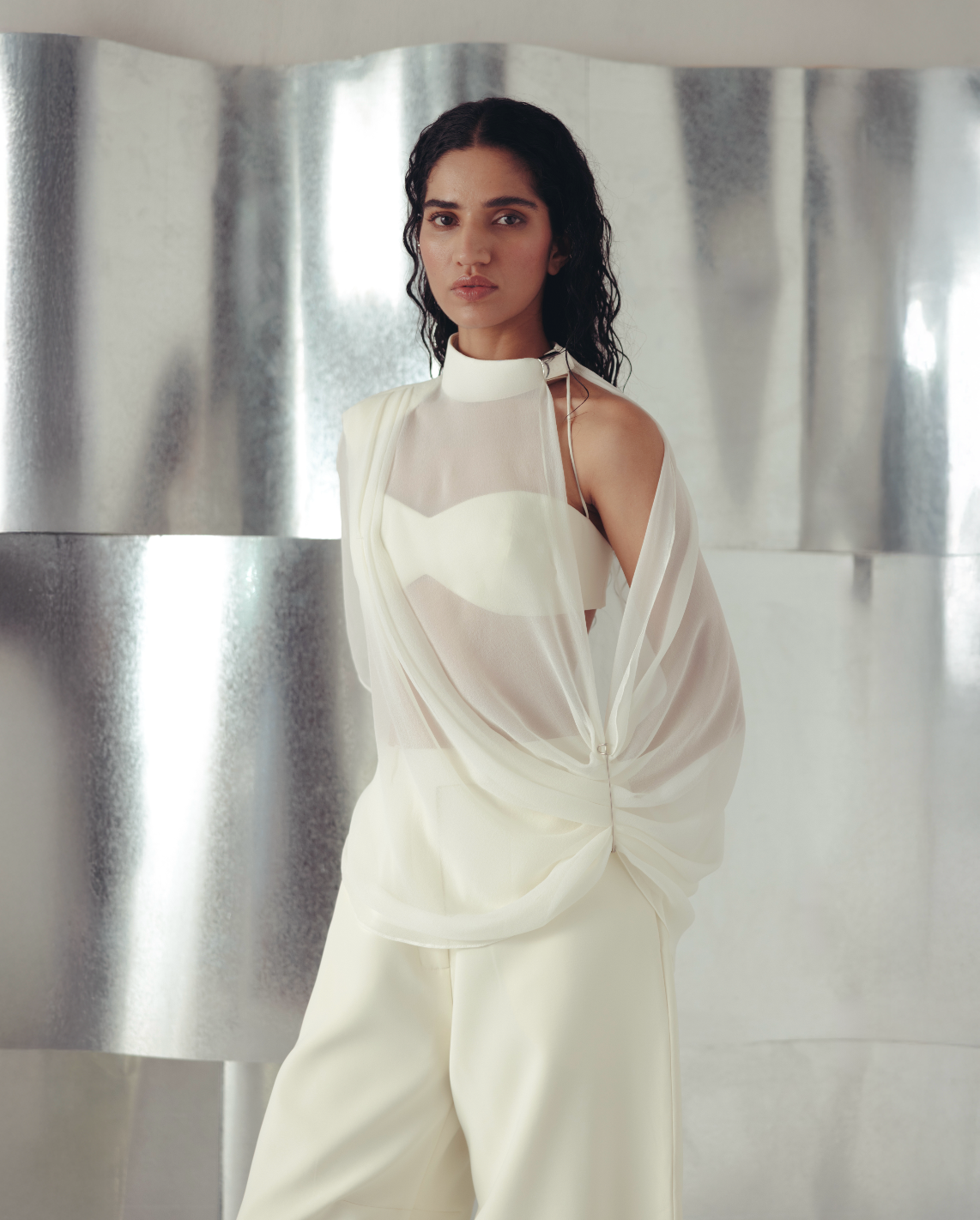 Antique White Asymmetric Georgette Top