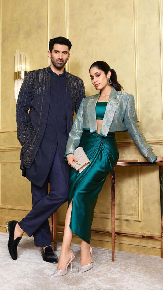 Emerald Cropped Blazer With Skirt