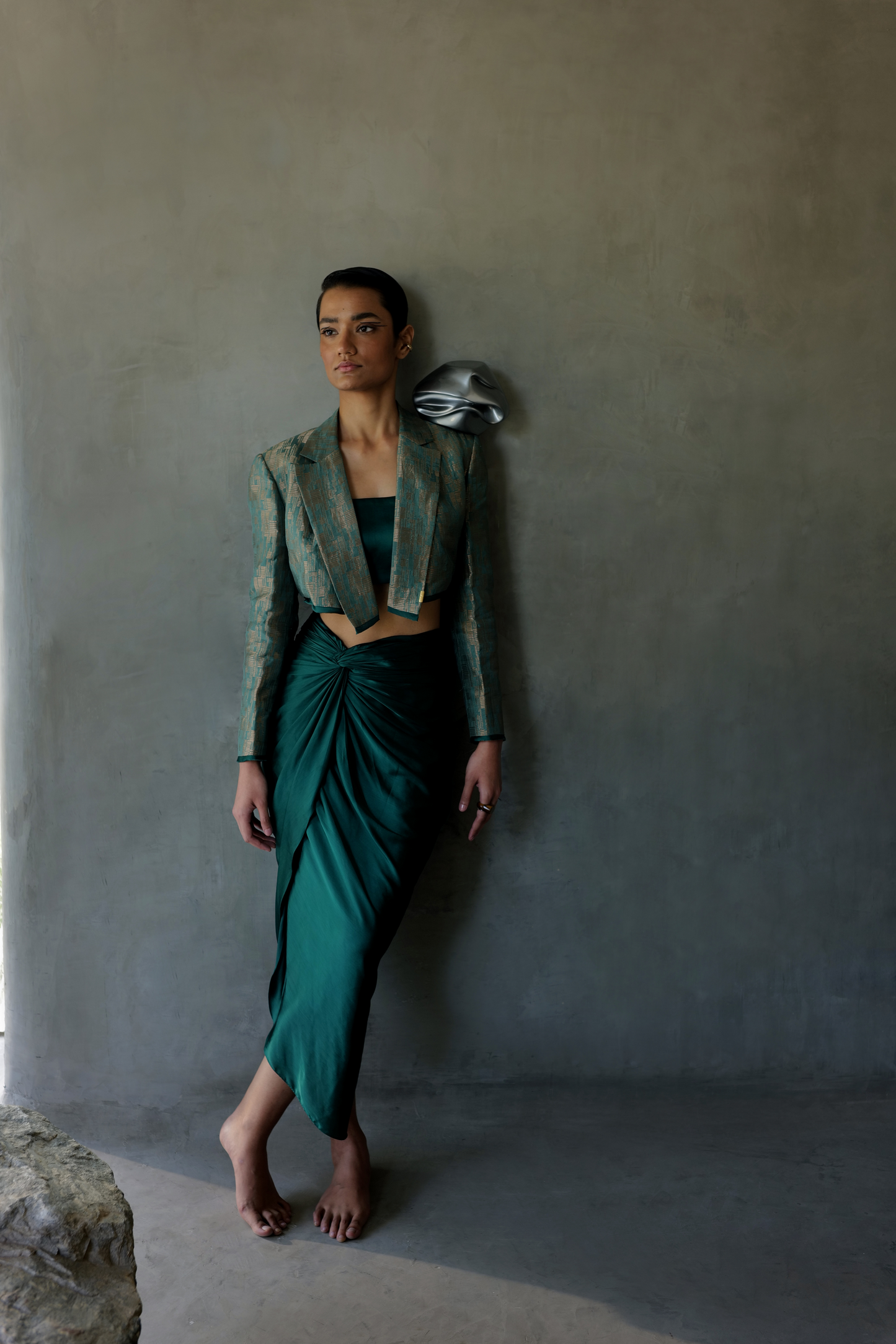 Emerald Cropped Blazer With Skirt