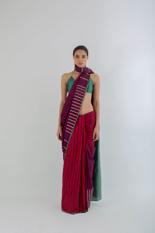 Cherry Wine Displaced Stripe Sari