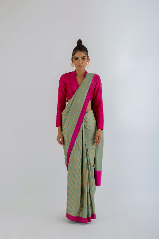 Dusty Jade Antique Gold Striped Sari
