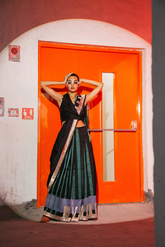Black Colorblocked Sari