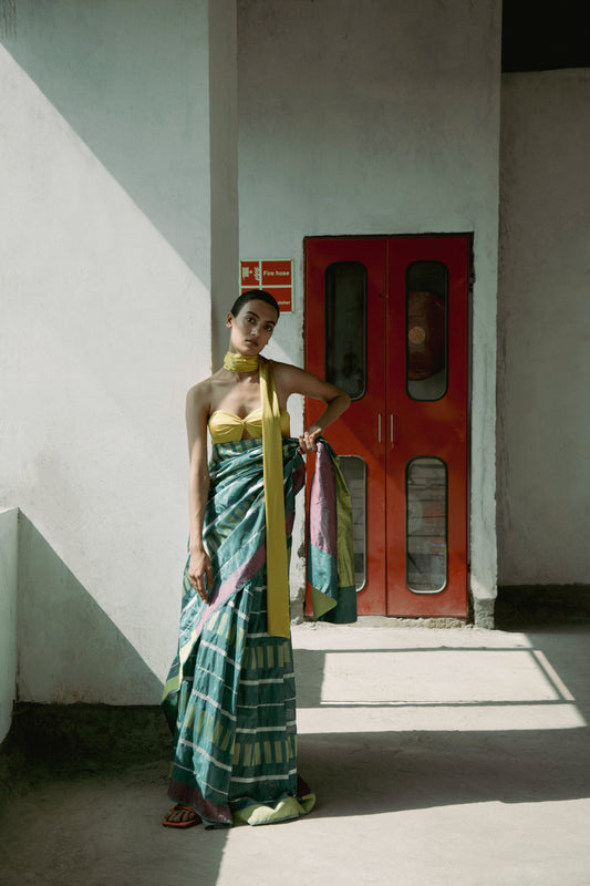 Summer Green Colorblocked Sari
