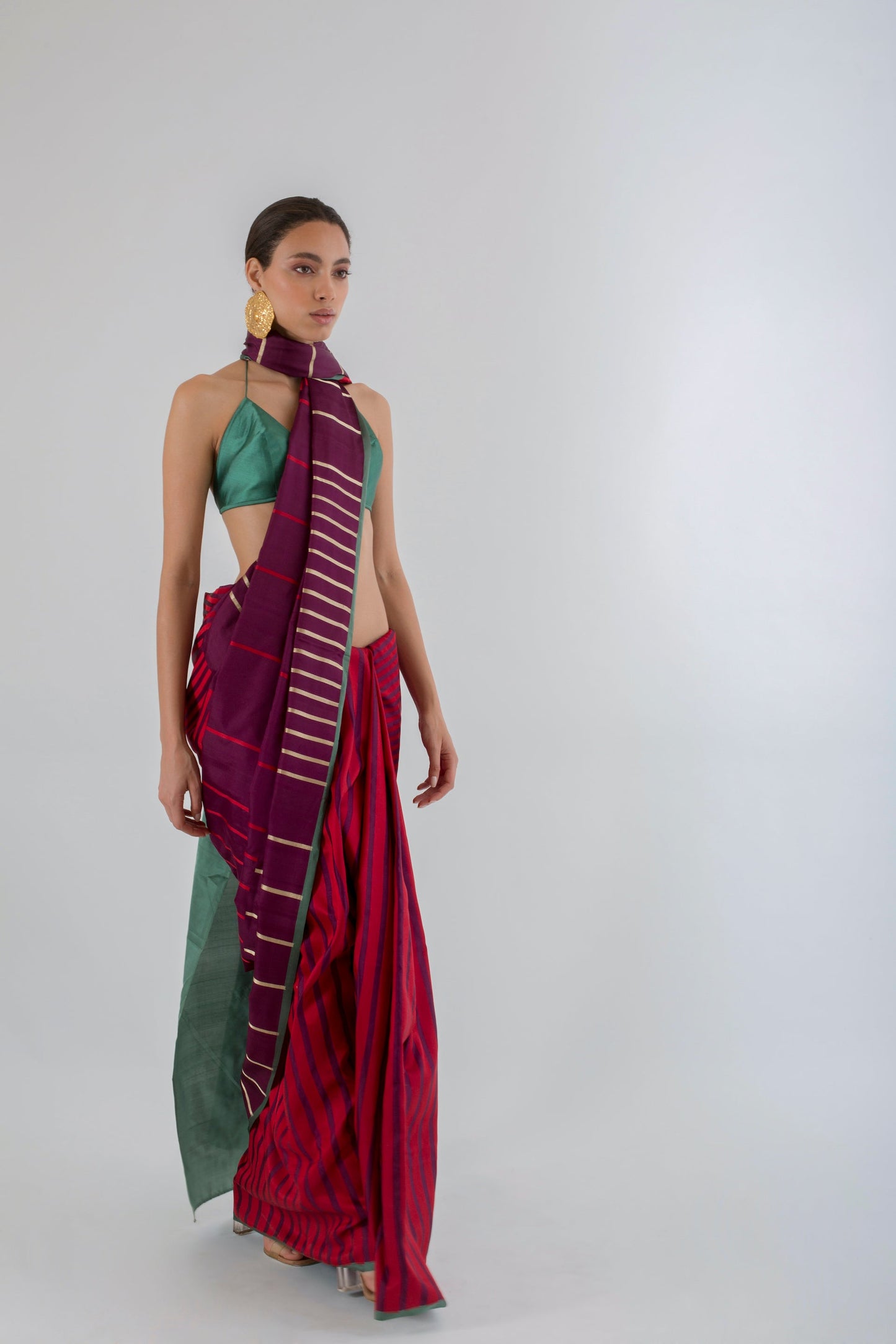 Cherry Wine Displaced Stripe Sari