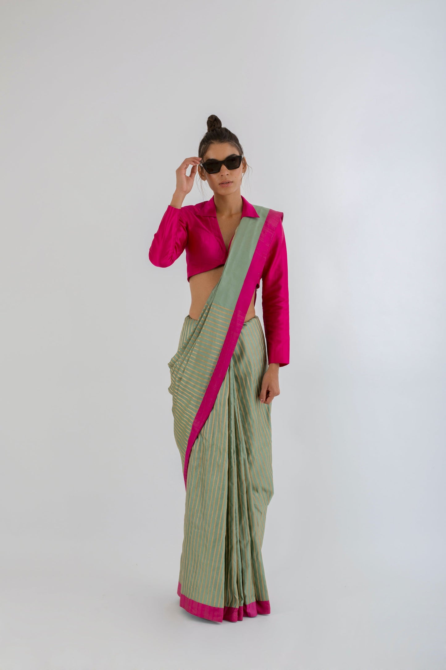 Dusty Jade Antique Gold Striped Sari