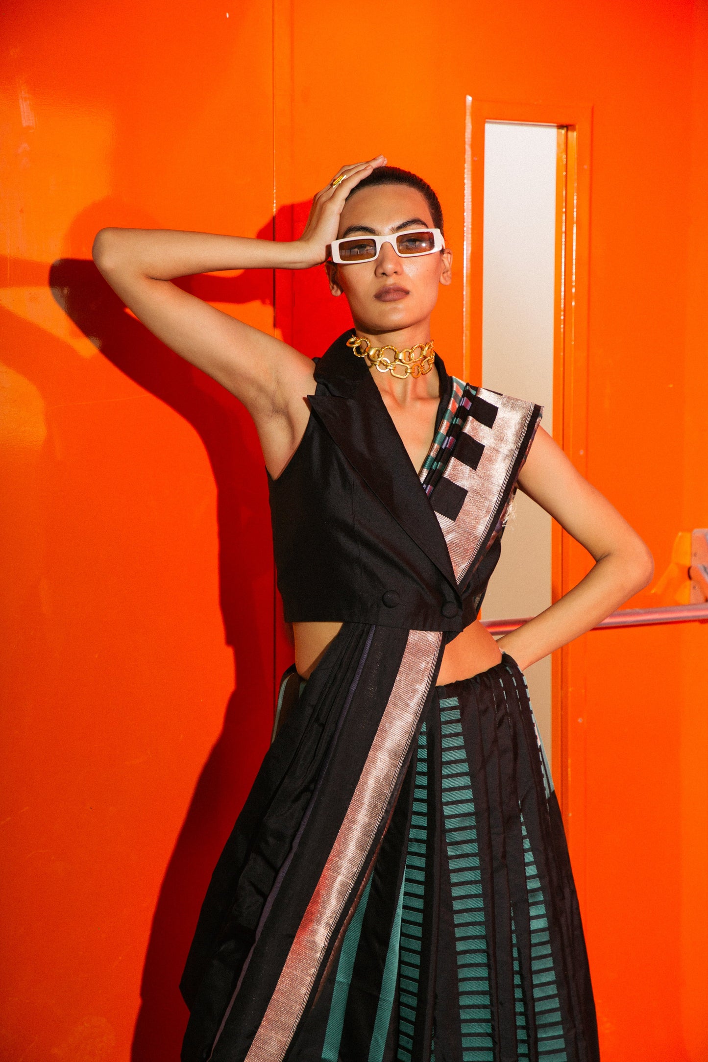 Black Colorblocked Sari