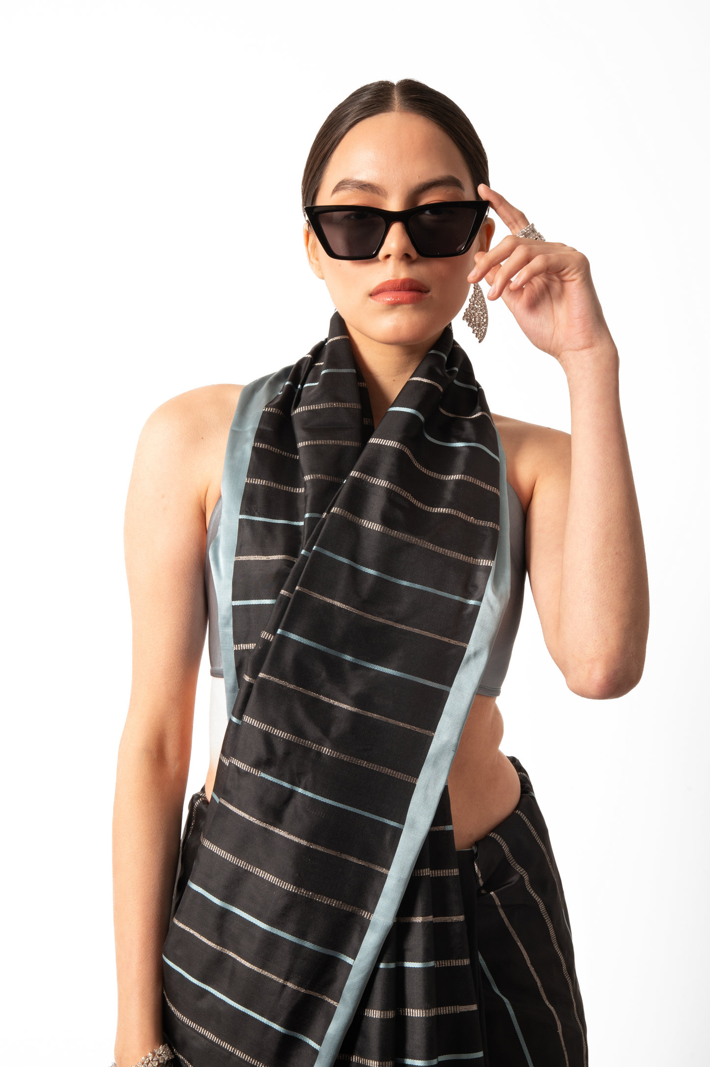 Ice Blue Black Stripe Saree