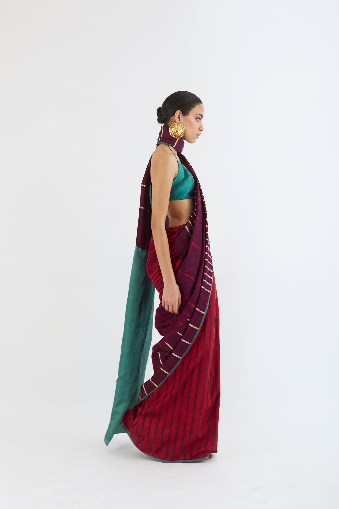 Cherry Wine Displaced Stripe Sari