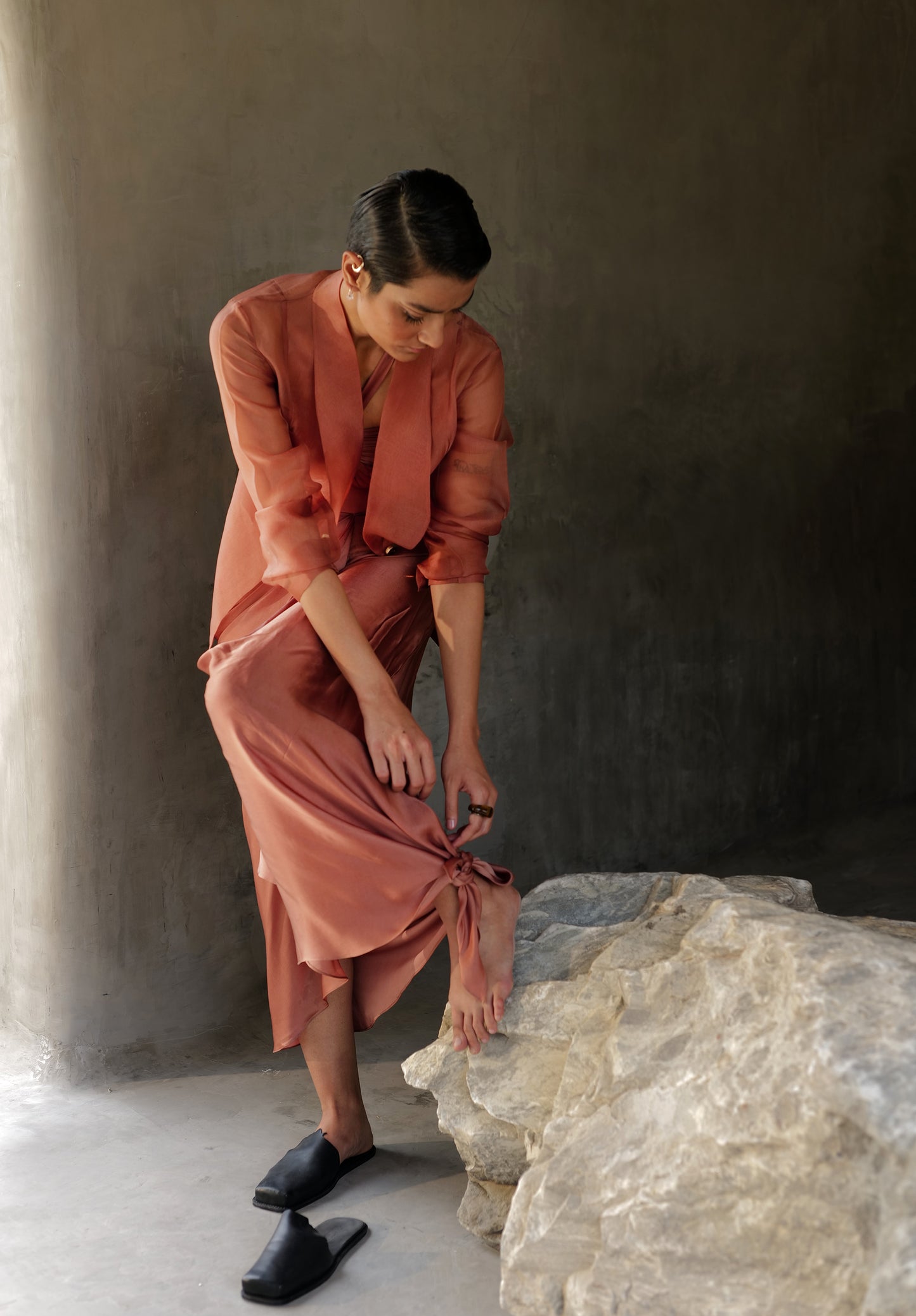 Muted Clay Organza Blazer With Drape Skirt