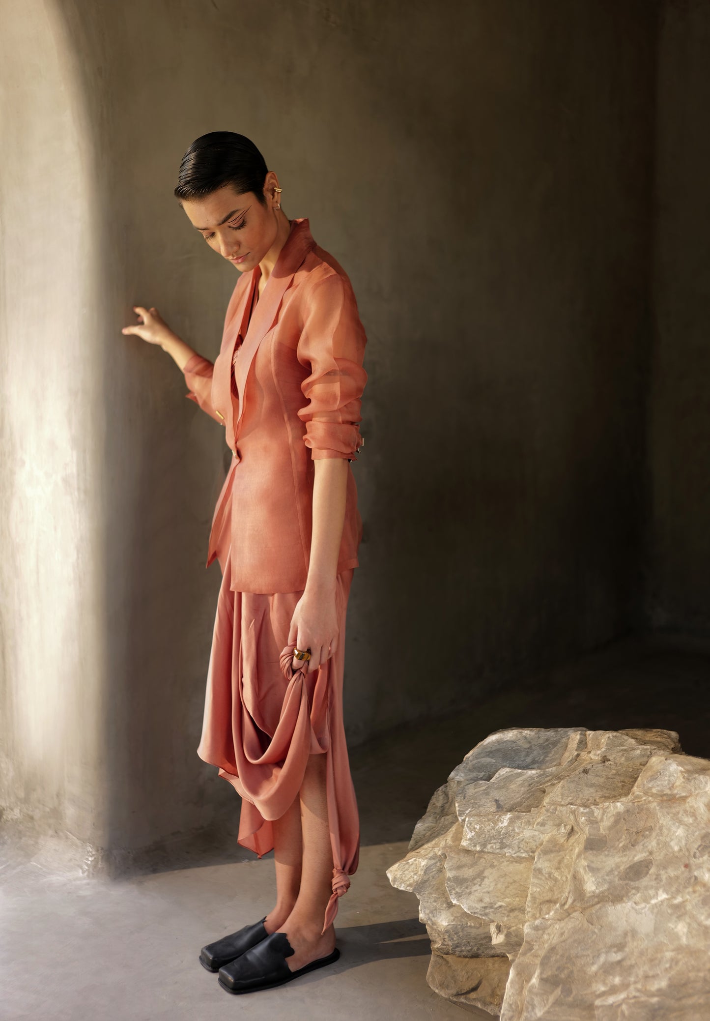 Muted Clay Organza Blazer With Drape Skirt