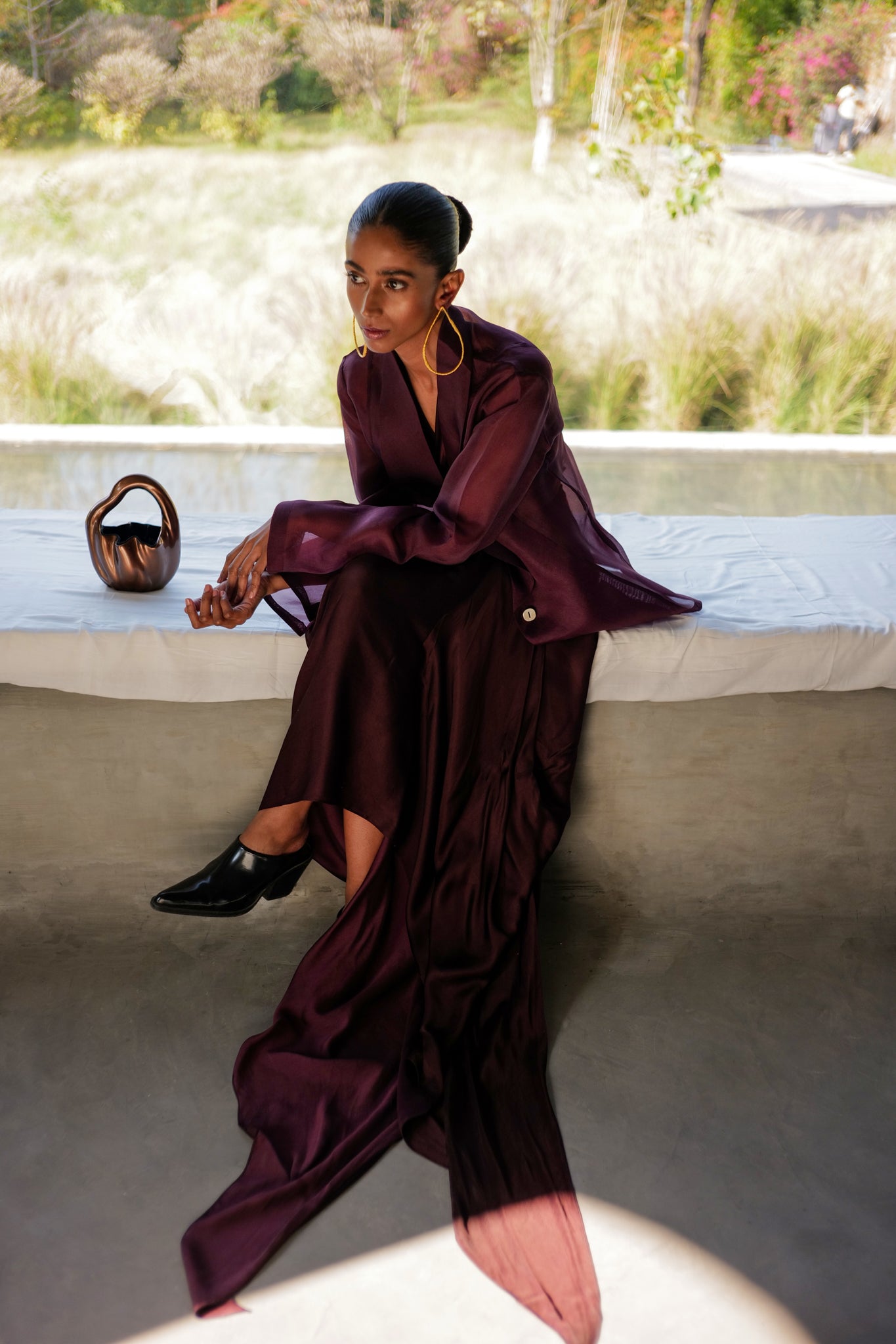 Baked Clay Organza Blazer With Drape Skirt