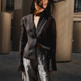 Organza Blazer & Woven Tiger Print Barrel Pants