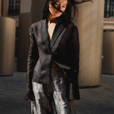 Black Organza Blazer & Tiger Print Barrel Pants Set