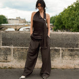 Twany Brown Asymmetrical Top With Pants
