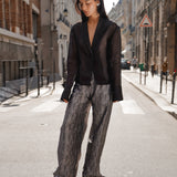 Organza Blazer & Woven Tiger Print Barrel Pants