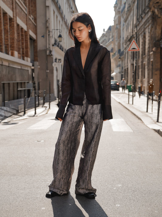 Organza Blazer & Woven Tiger Print Barrel Pants