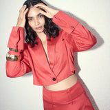 Poppy Red Cropped Blazer & Slit Skirt