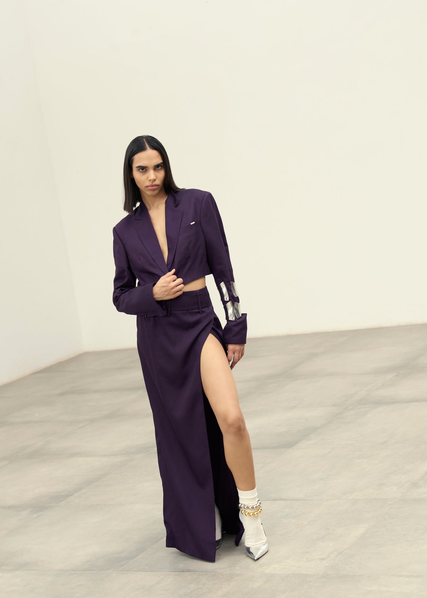 Aubergine Gleam Cropped Blazer & Slit Skirt