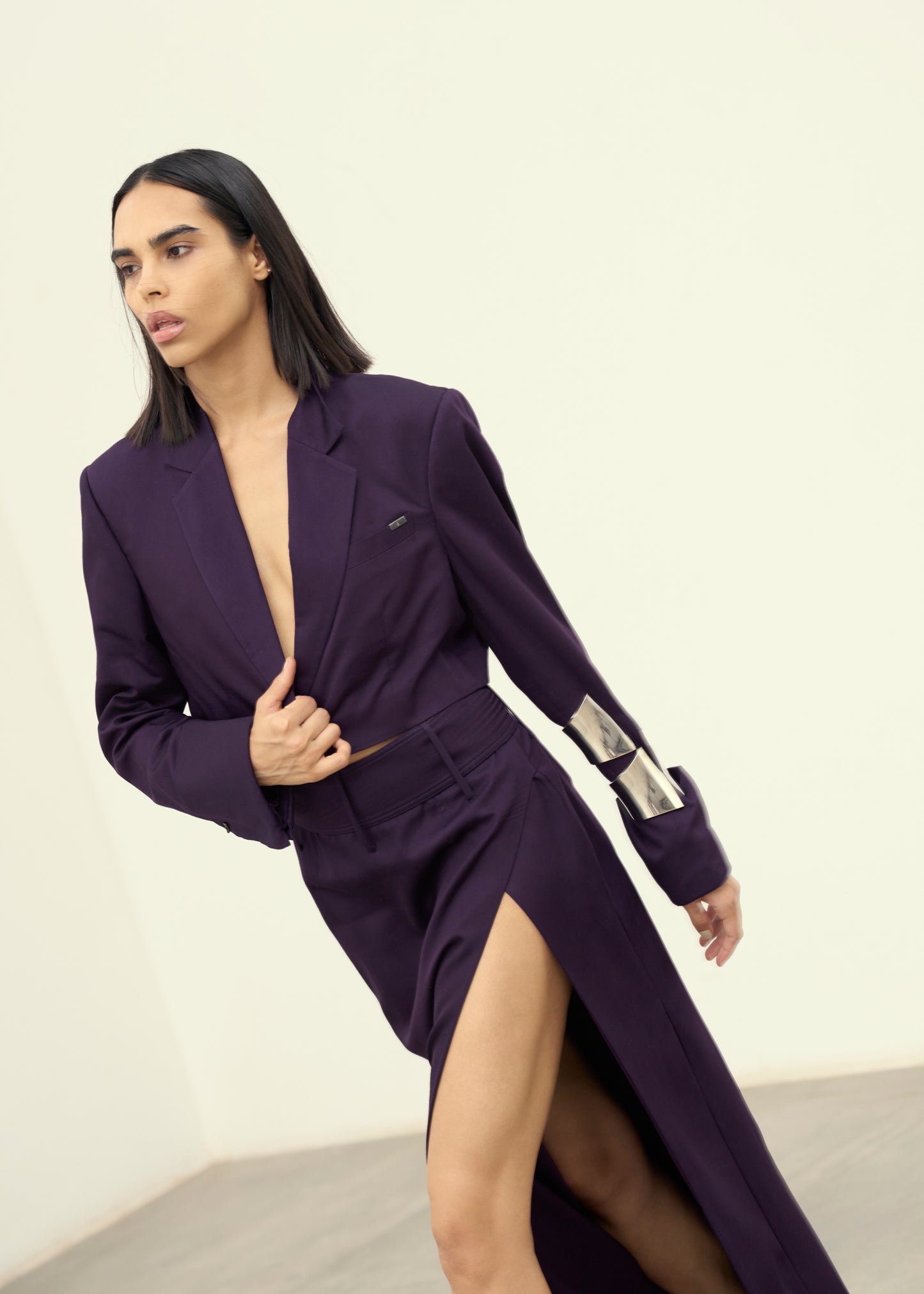 Aubergine Gleam Cropped Blazer & Slit Skirt