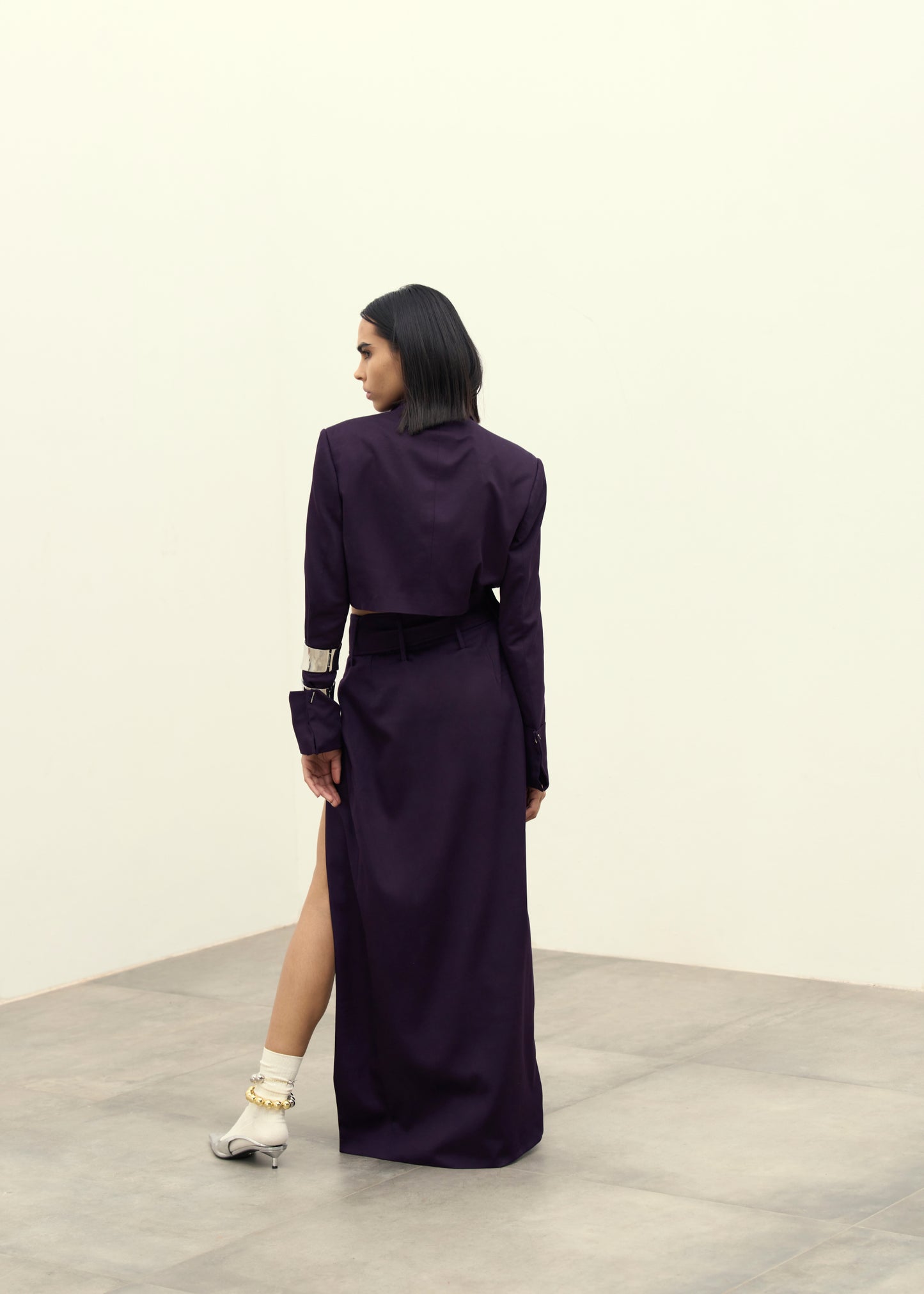 Aubergine Gleam Cropped Blazer & Slit Skirt