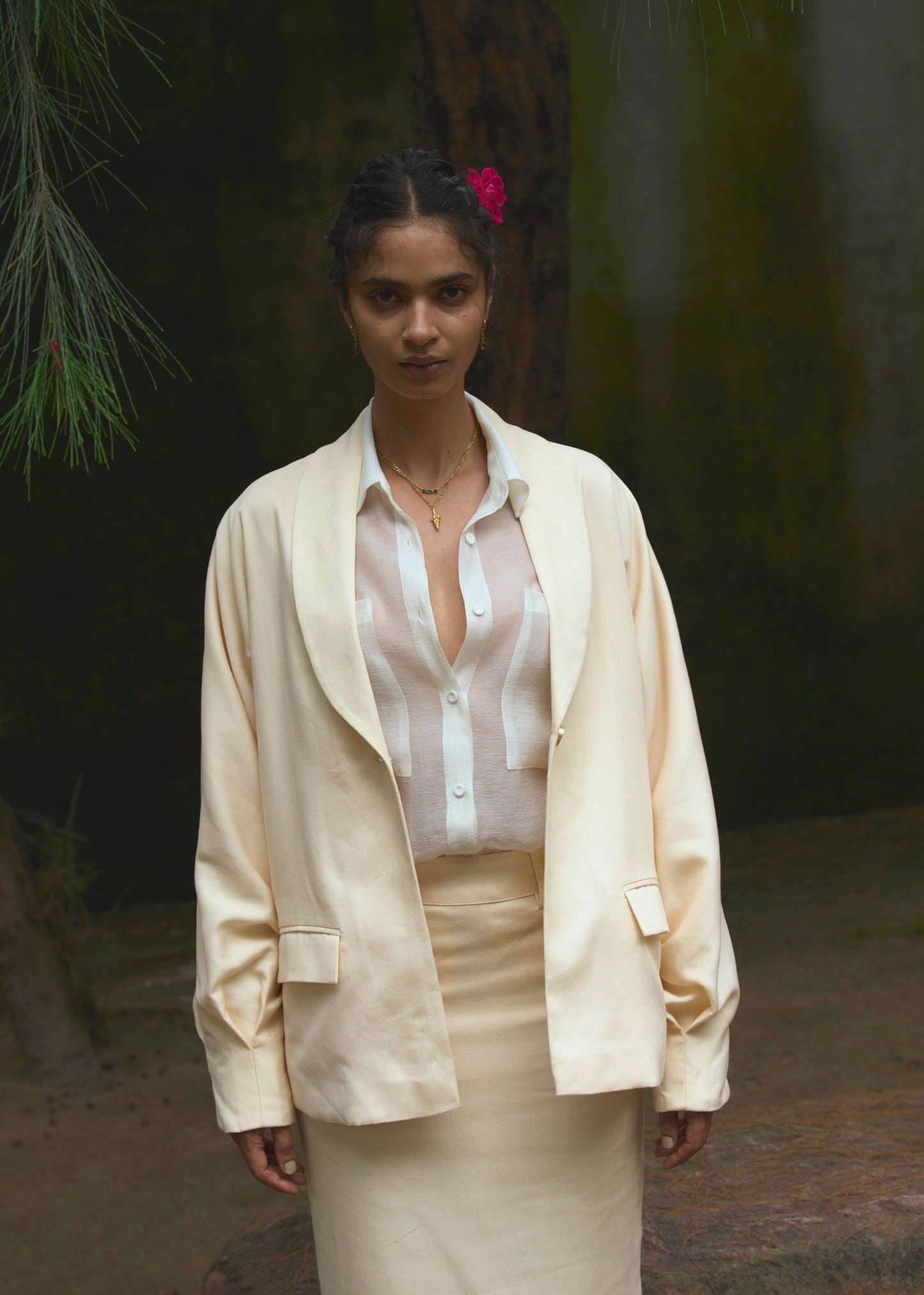 Butter Cream Shawl Collar Jacket & Pencil Skirt