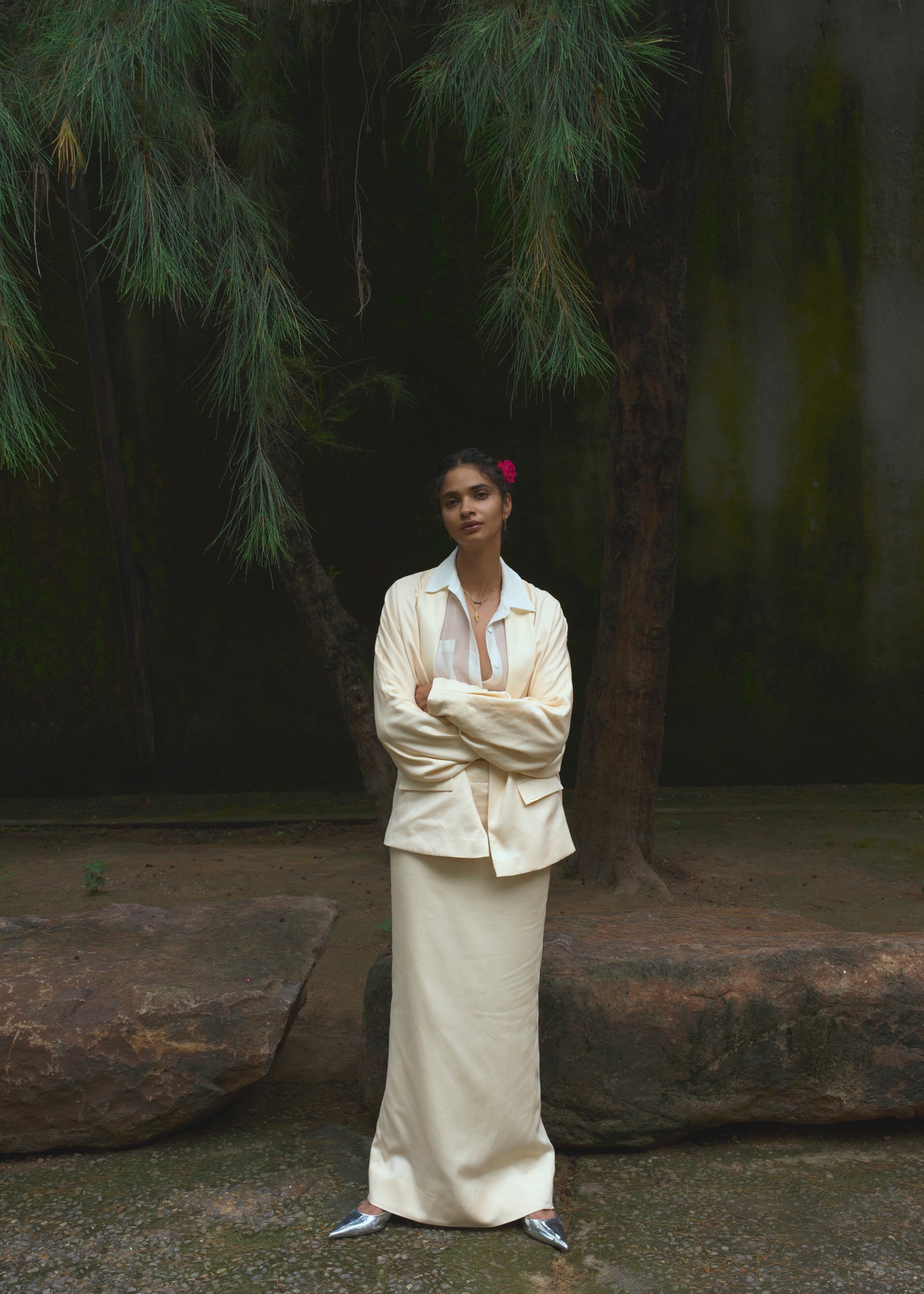 Butter Cream Shawl Collar Jacket & Pencil Skirt