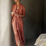 Muted Clay Organza Blazer With Drape Skirt