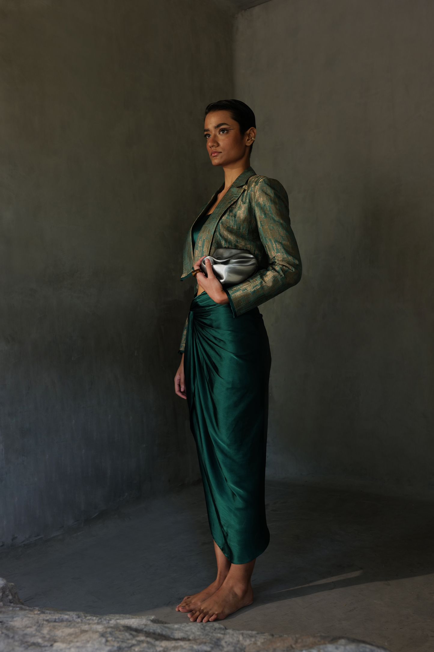Emerald Cropped Blazer With Skirt