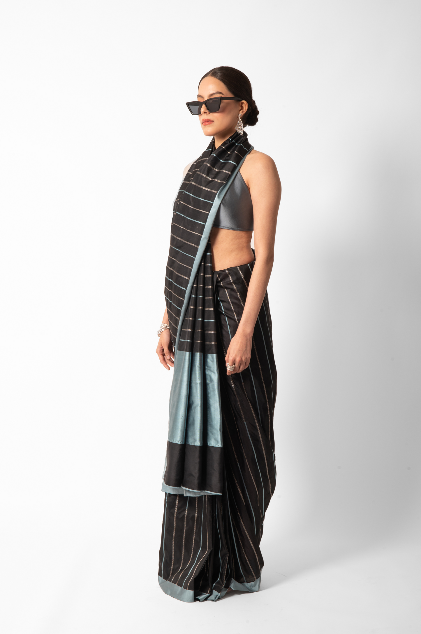 Ice Blue Black Stripe Saree