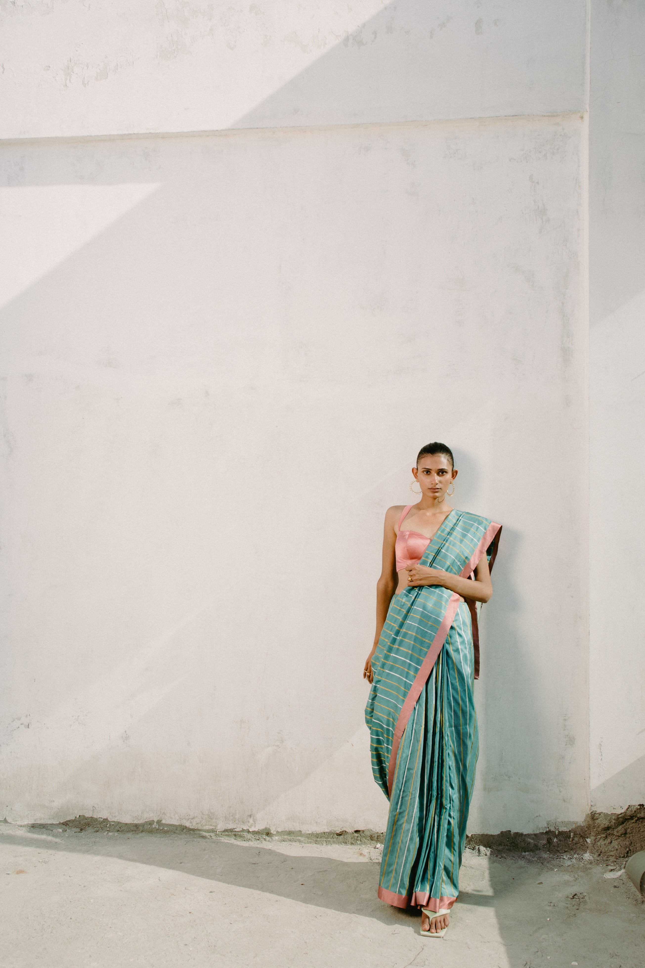 Saree : Orange and white stripe printed saree