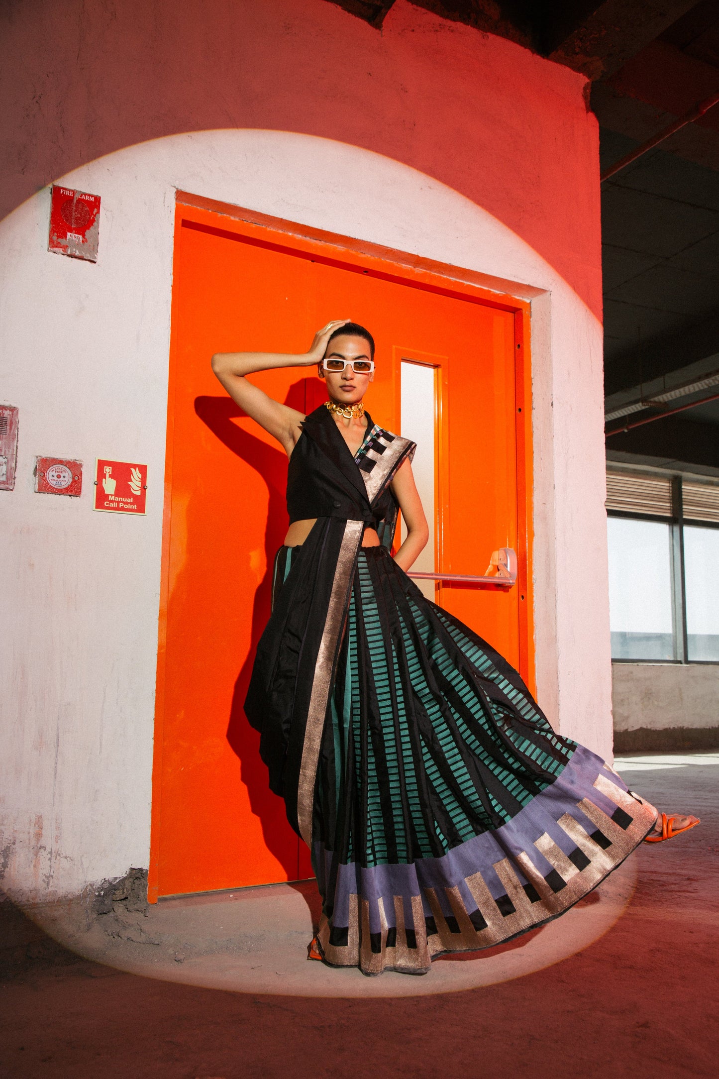 Black Colorblocked Sari