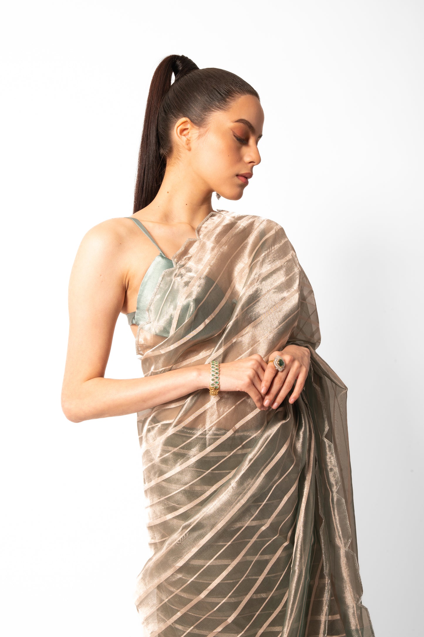 Mint Green Stripe Tissue Sari