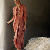 Muted Clay Organza Blazer With Drape Skirt
