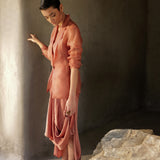 Muted Clay Organza Blazer With Drape Skirt