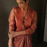 Muted Clay Organza Blazer With Drape Skirt