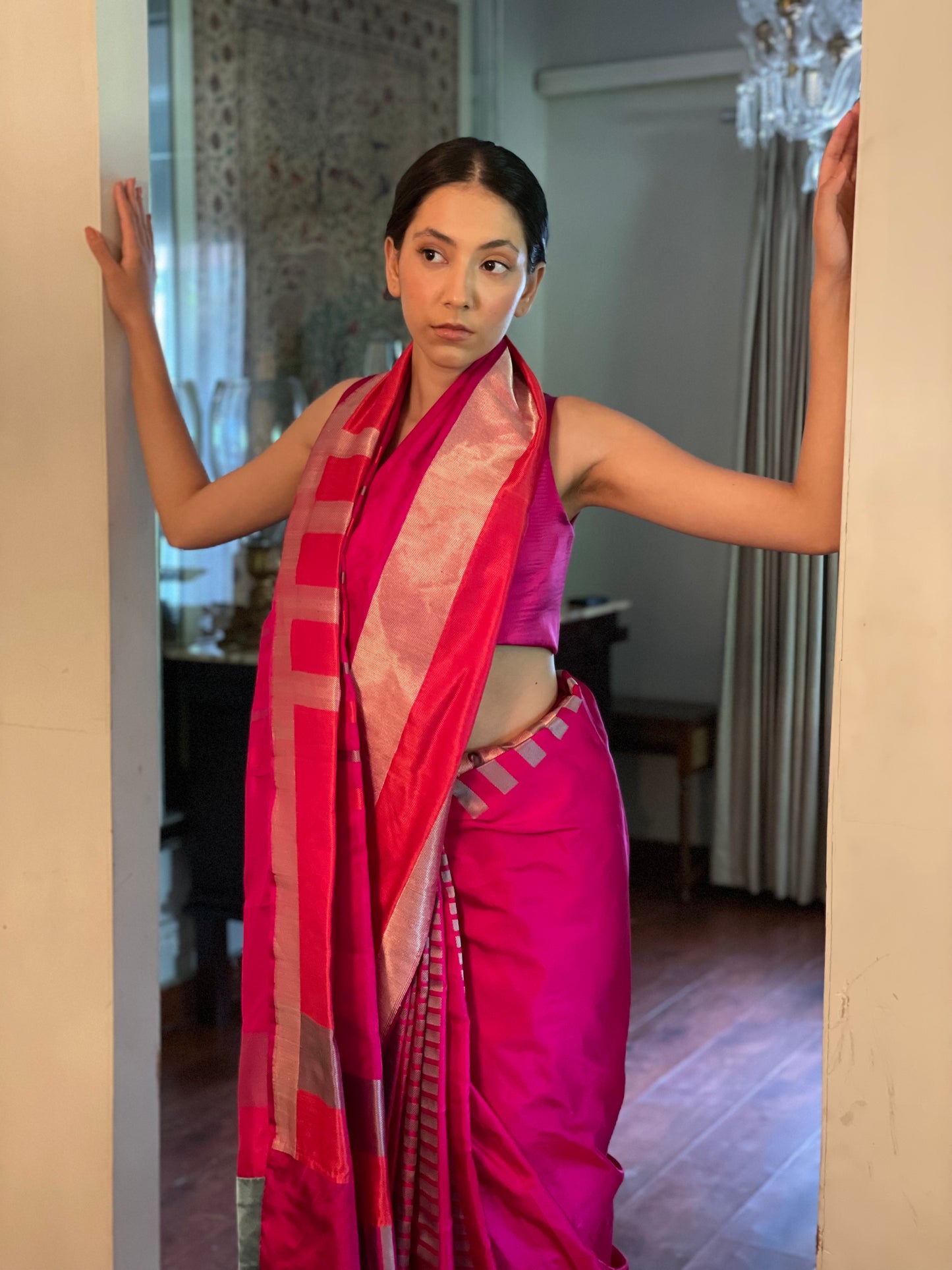Bright Pink Colorblock Sari